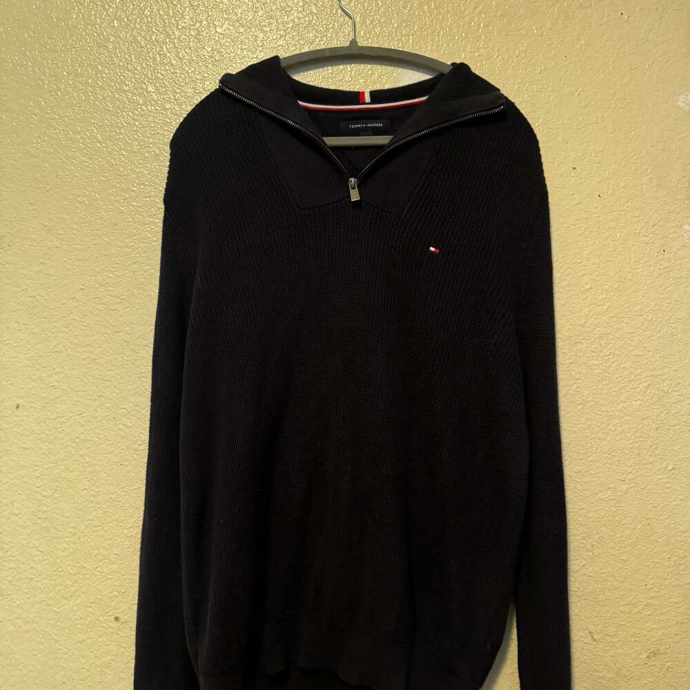 Tommy Hilfiger Men's Black Cotton Quarter Zip Mock Neck Sweater